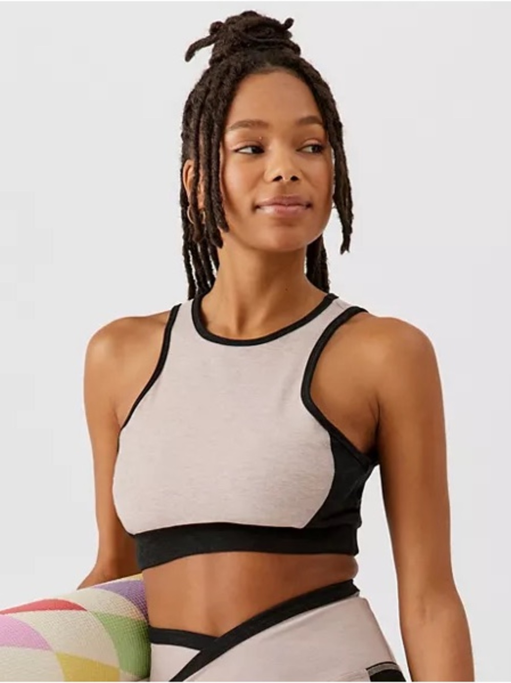 Beyond Yoga On Block Bra in Chai and Darkest Night